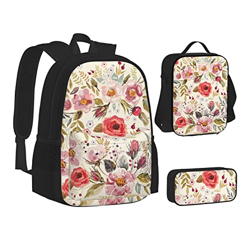 Aseelo Sugar and Skulls Style Rucksack mit Lunchbox für Jungen Schultaschen Schüler Büchertasche und Federmäppchen für Mädchen Set 3 Stück, Modernes Blumenmuster, Einheitsgröße von Aseelo