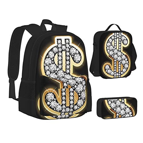 Aseelo Totenkopf Rock Roll Skelett Knochen Rucksack mit Lunchbox für Jungen Schultaschen Schüler Büchertasche und Federmäppchen für Mädchen Set 3 Stück, Goldfarbenes Dollar-Schild, Einheitsgröße von Aseelo