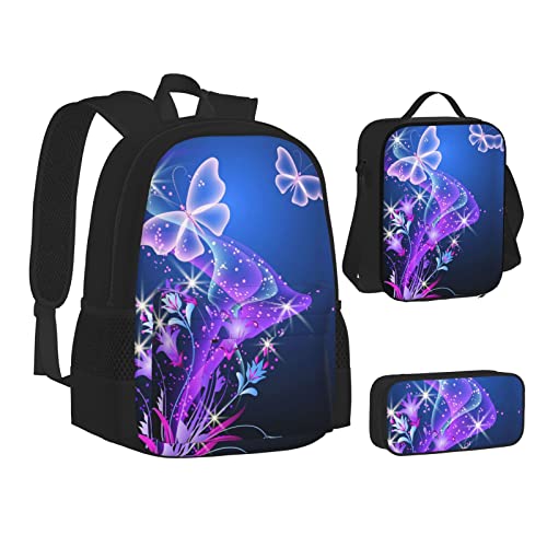 Aseelo Totenkopf Rock Roll Skelett Knochen Rucksack mit Lunchbox für Jungen Schultaschen Schüler Büchertasche und Federmäppchen für Mädchen Set 3 Stück, violettfarbener schmetterling, Einheitsgröße, von Aseelo