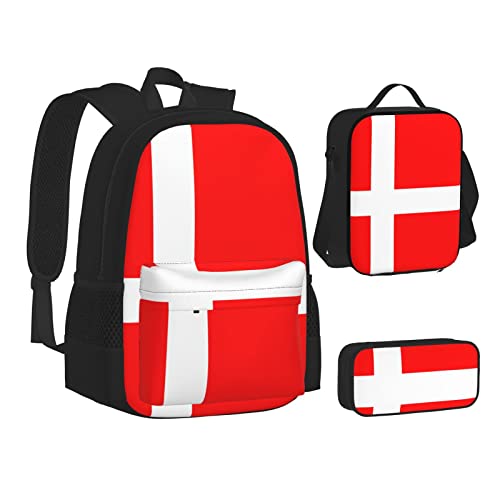 Aseelo Traktor Bauernhof Rucksack mit Lunchbox für Jungen Schultaschen Schüler Büchertasche und Federmäppchen für Mädchen Set 3 Stück, Dänemark Flagge, Einheitsgröße von Aseelo