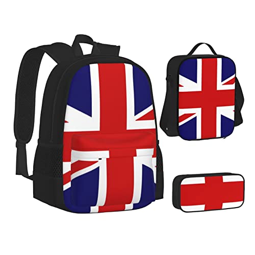 Aseelo Weihnachtsbaum Rot Rucksack mit Lunchbox für Jungen Schultaschen Schüler Büchertasche und Federmäppchen für Mädchen Set 3 Stück, uk-flagge, Einheitsgröße von Aseelo