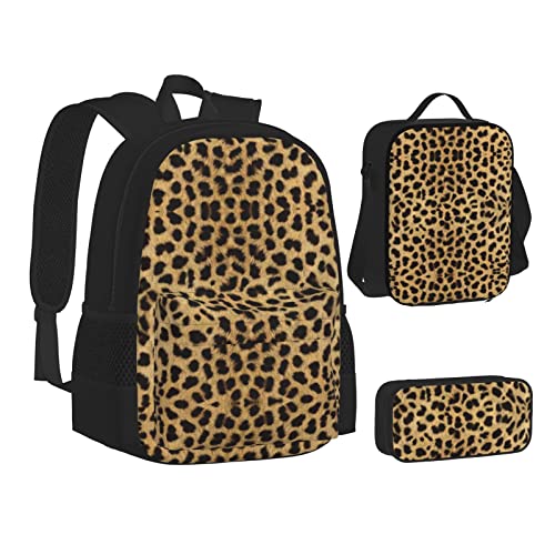 Rucksack mit Leopardenmuster und Lunchbox für Jungen, Schultaschen, Schüler, Büchertasche und Federmäppchen für Mädchen, 3-teilig, Leopardenmuster, Einheitsgröße von Aseelo