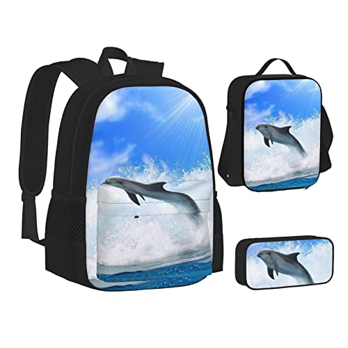 Strand Muschel Seestern Rucksack mit Lunchbox für Jungen Schultaschen Schüler Büchertasche und Federmäppchen für Mädchen Set 3 Stück, Niedlicher Delphin, Einheitsgröße von Aseelo