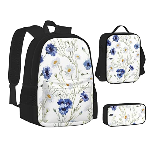 Strand Muschel Seestern Rucksack mit Lunchbox für Jungen Schultaschen Schüler Büchertasche und Federmäppchen für Mädchen Set 3 Stück, Wildblumen und Kornblumen, Gänseblümchen, Einheitsgröße von Aseelo