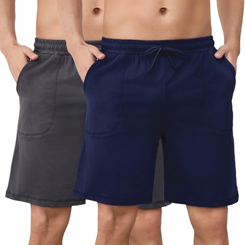 Aseniza 2er Pack Herren Schlafanzughose Kurz Baumwolle Pyjamahose Schlafshorts Sommer Bermudahose Loungewear Loungehose für Männer Dunkelgrau + Dunkelblau, L von Aseniza