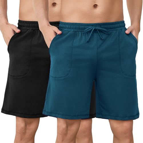 Aseniza 2er Pack Herren Schlafanzughose Kurz Baumwolle Pyjamahose Schlafshorts Sommer Bermudahose Loungewear Loungehose für Männer Schwarz + Blau, L von Aseniza