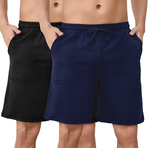Aseniza 2er Pack Herren Schlafanzughose Kurz Baumwolle Pyjamahose Schlafshorts Sommer Bermudahose Loungewear Loungehose für Männer Schwarz + Dunkelblau, M von Aseniza