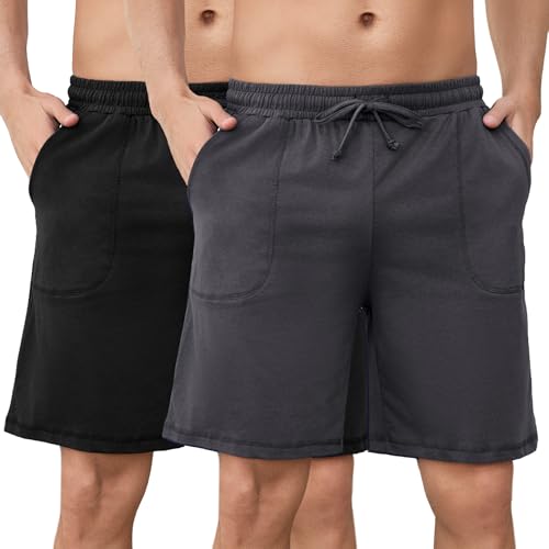 Aseniza 2er Pack Herren Schlafanzughose Kurz Baumwolle Pyjamahose Schlafshorts Sommer Bermudahose Loungewear Loungehose für Männer Schwarz + Dunkelgrau, M von Aseniza