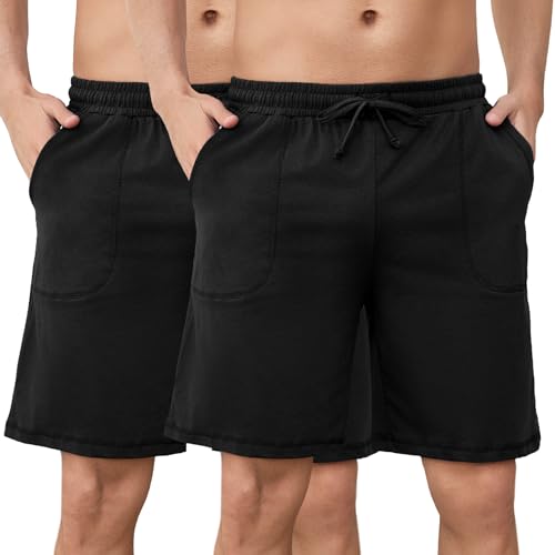 Aseniza 2er Pack Herren Schlafanzughose Kurz Baumwolle Pyjamahose Schlafshorts Sommer Bermudahose Loungewear Loungehose für Männer Schwarz + Schwarz, XL von Aseniza