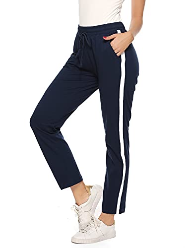 Aseniza Jogginghose Damen Sporthose Lang Baumwolle Trainingshose Freizeithose High Waist mit Streifen für Sport Yoga Gym Blau L von Aseniza