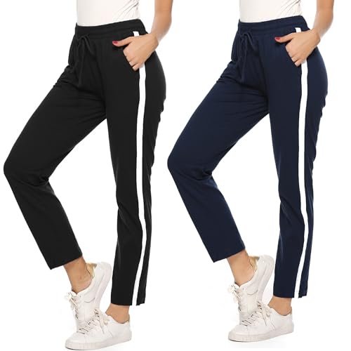 Aseniza Damen Jogginghose Baumwolle Sweatpants Sporthose lang Freizeithose High Waist Laufhosen Trainingshose mit Streifen von Aseniza