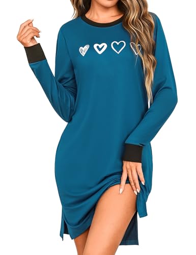 Aseniza Damen Langarm Nachthemd Baumwolle Pyjama mit Rundhals Winter Schlafkleid Bequemes Weiches Pfauenblau L von Aseniza