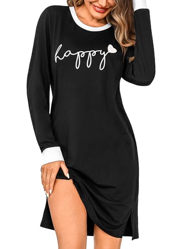 Aseniza Damen Langarm Nachthemd Baumwolle Pyjama mit Rundhals Winter Schlafkleid Bequemes Weiches Schwarz L von Aseniza
