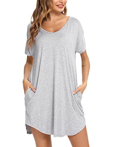 Aseniza Damen Nachthemd Kurzarm Baumwolle Nachtwäsche Negligee Loose fit Schlafhemd Kurze Sommer Schlafshirt Knielang Nachtkleid,A-Grau,L von Aseniza