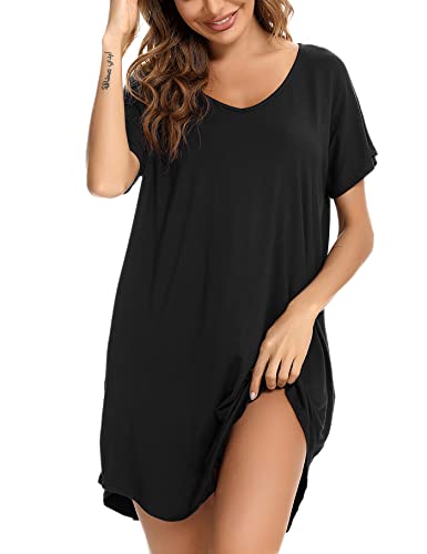 Aseniza Damen Nachthemd Kurzarm Baumwolle Nachtwäsche Negligee Loose fit Schlafhemd Kurze Sommer Schlafshirt Knielang Nachtkleid,A-Schwarz,L von Aseniza