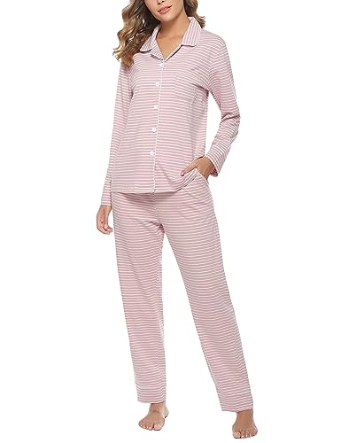 Aseniza Damen Schlafanzug Lang Baumwolle Pyjamas mit Knöpfeleiste für Frauen von Aseniza