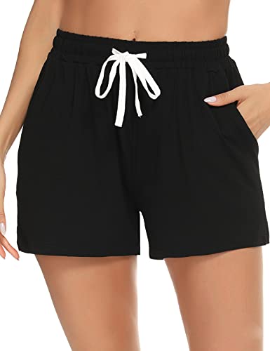 Aseniza Damen Schlafanzughose Baumwolle Kurz Pyjamahose Gestreift Schlafshorts Nachtwäsche für Frauen mit Taschen und Kordelzug,A-Schwarz,XL von Aseniza