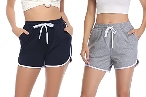 Aseniza Damen Sport Shorts Kurze Sporthose Jogginghose Sommer Sportshorts Running Gym Fitness Shorts 1/2er Pack,C-Dunkelblau+Grau,L von Aseniza