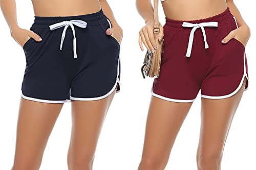 Aseniza Damen Sport Shorts Kurze Sporthose Jogginghose Sommer Sportshorts Running Gym Fitness Shorts 1/2er Pack,C-Dunkelblau+Weinrot,L von Aseniza