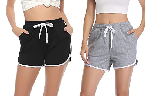 Aseniza Damen Sport Shorts Kurze Sporthose Jogginghose Sommer Sportshorts Running Gym Fitness Shorts 1/2er Pack,C-Schwarz+Grau,M von Aseniza