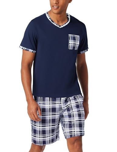 Aseniza Herren Schlafanzug Kurz Baumwolle Sommer Pyjama V-Auschnitt Zweiteilige Pyjamas Nightwear Set mit Kurzarm T-Shirt und Karierter Schlafanzughose von Aseniza
