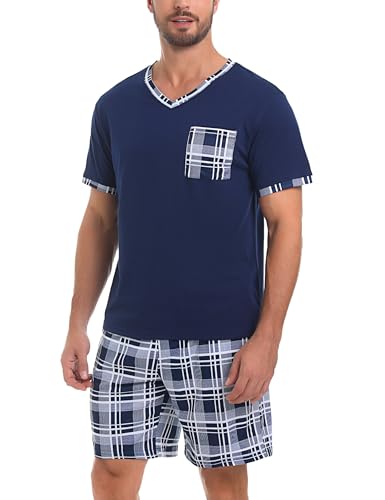 Aseniza Herren Schlafanzug Kariert Kurz Pyjama Baumwolle Sommer Shorty Kurzarm T-Shirt und Karierte Pyjamahose für Männer,Dunkelblau,M von Aseniza