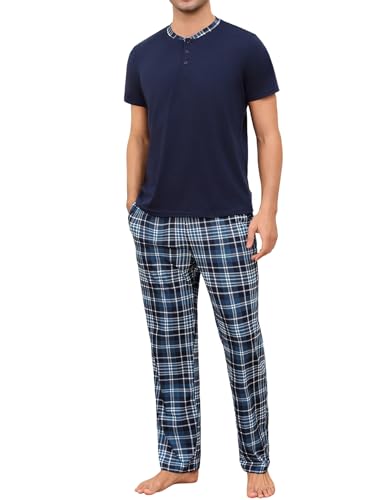 Aseniza Herren Schlafanzug Kurz Pyjama Baumwolle Knopfleiste Sommer Pyjama mit Kurzarmshirt und Pyjamahose für Männer von Aseniza