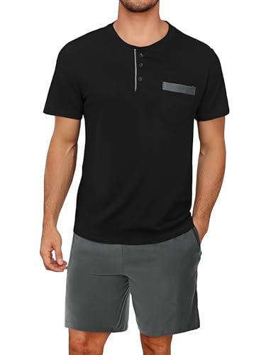 Aseniza Herren Schlafanzug Kurz Pyjama Baumwolle Knopfleiste Sommer Shorty Pyjama Nachtwäsche Zweiteilig Pyjama Set für Männer,Schwarz,XL von Aseniza