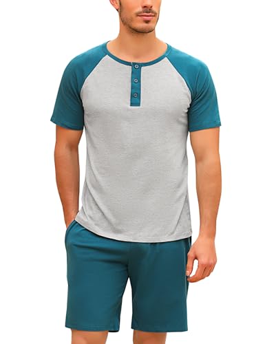 Aseniza Herren Schlafanzug Kurz Pyjama Baumwolle Sommer Zweiteilige Pyjamas mit T-Shirt und Schlafanzughose für Männer von Aseniza