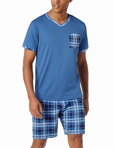 Aseniza Herren Schlafanzug Kurz Baumwolle Sommer Pyjama V-Auschnitt Zweiteilige Pyjamas Nightwear Set mit Kurzarm T-Shirt und Karierter Schlafanzughose von Aseniza