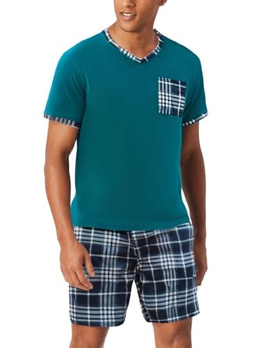 Aseniza Herren Schlafanzug Kurz Baumwolle Sommer Pyjama V-Auschnitt Zweiteilige Pyjamas Nightwear Set mit Kurzarm T-Shirt und Karierter Schlafanzughose von Aseniza