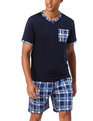Aseniza Herren Schlafanzug Kurz Baumwolle Sommer Pyjama V-Auschnitt Zweiteilige Pyjamas Nightwear Set mit Kurzarm T-Shirt und Karierter Schlafanzughose von Aseniza