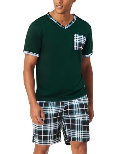 Aseniza Herren Schlafanzug Kurz Baumwolle Sommer Pyjama V-Auschnitt Zweiteilige Pyjamas Nightwear Set mit Kurzarm T-Shirt und Karierter Schlafanzughose von Aseniza
