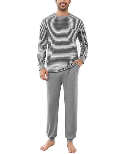 Aseniza Herren Schlafanzug Lang Baumwolle Bündchen Winter Pyjamas Ringel mit Langarmshirt und Pyjamahose für Männer hellgrau,M von Aseniza