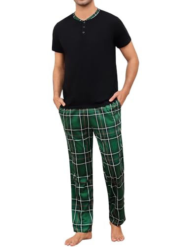 Aseniza Herren Schlafanzug Lang Pyjama Baumwolle Winter Zweiteilige Pyjamas mit Kurzarmshirt und Schlafanzughose für Männer von Aseniza