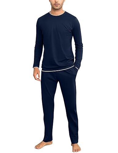 Aseniza Herren Schlafanzug Lang Pyjama Baumwolle Winter Zweiteilige Pyjamas mit Langarmshirt und Schlafanzughose für Männer,Blau,3XL von Aseniza
