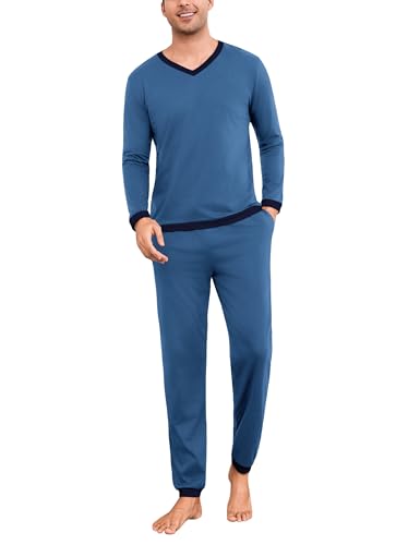 Aseniza Herren Schlafanzug Lang Pyjama Baumwolle Set Langarm Zweiteilige Nachtwäsche Männer Winter Blau L von Aseniza