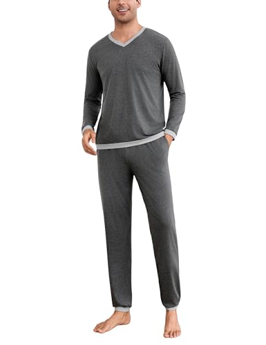 Aseniza Herren Schlafanzug Lang Pyjama Baumwolle Set Langarm Zweiteilige Nachtwäsche Männer Winter Dunkelgrau L von Aseniza
