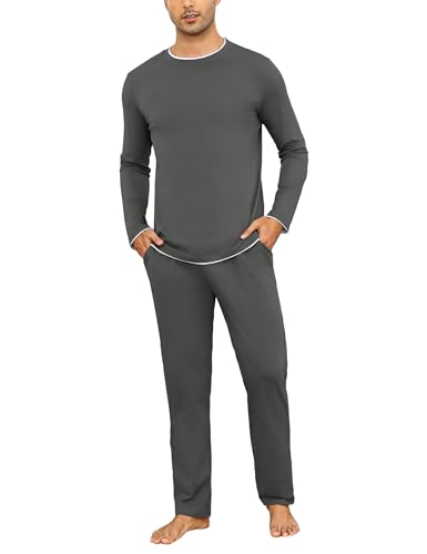 Aseniza Herren Schlafanzug lang Baumwolle Weich Rundhals Pyjama Set Winter Warm Langarm Hausanzug Nachtwäsche für Männer von Aseniza