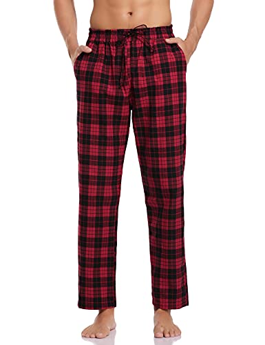 Aseniza Herren Schlafanzughose Lang Baumwolle Karierte Schlafhose Pyjamaunterteil Pyjamahose Freizeithose Loungehose für Männer A-Rot+Schwarz L von Aseniza