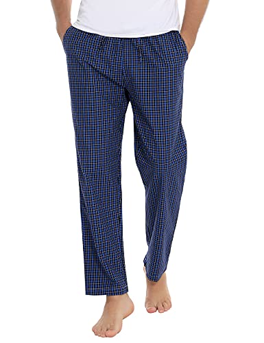 Aseniza Herren Schlafanzughose Lang Baumwolle Karierte Schlafhose Pyjamaunterteil Pyjamahose Freizeithose Loungehose für Männer Blau+Schwarz XL von Aseniza
