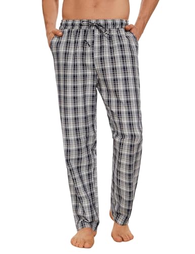 Aseniza Herren Schlafanzughose Lang Baumwolle Karierte Schlafhose Pyjamaunterteil Pyjamahose Freizeithose Loungehose für Männer Blau+Weiß XXL von Aseniza