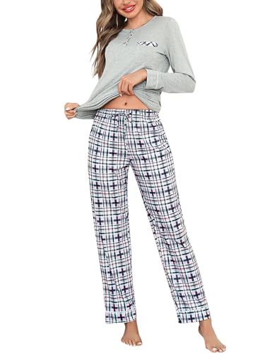 Aseniza Pyjama Damen Lang Baumwolle Winter Schlafanzug Karierte Pyjama Set Rundhals Nachtwäsche Zweiteilige Schlafanzüge von Aseniza