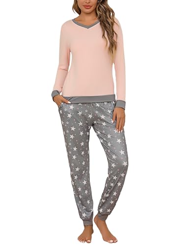 Aseniza Pyjama Damen Lang Schlafanzug Winter Set Baumwolle Zweiteilige Nachtwäsche V-Ausschnitt Sterne mit Bündchen Rosa L von Aseniza