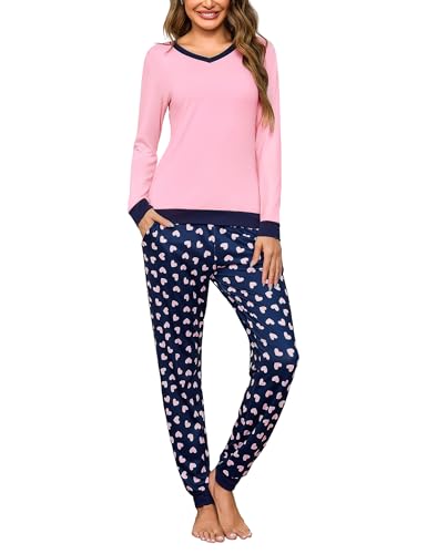 Aseniza Pyjama Damen Lang Schlafanzug Winter Set Baumwolle Zweiteilige Nachtwäsche V-Ausschnitt Sterne mit Taschen Rosa XL von Aseniza