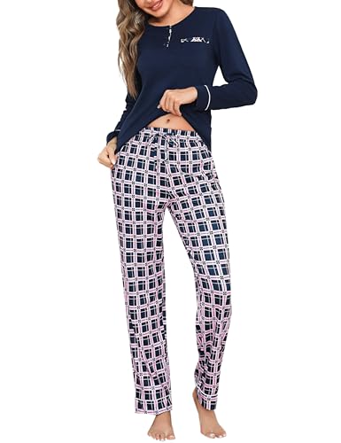 Aseniza Pyjama Damen Schlafanzug Lang Baumwolle Karierte Pyjama Set Rundhals Winter Nachtwäsche Zweiteilige Schlafanzüge von Aseniza