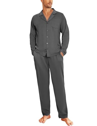 Aseniza Pyjama Herren Lang Schlafanzug Baumwolle Set Männer Nachtwäsche Knopfleister Langarm Dunkelgrau M von Aseniza