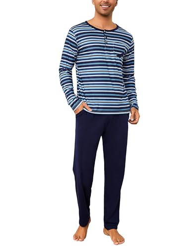 Aseniza Pyjama Herren Lang Schlafanzug Baumwolle Winter Pyjamaset Zweiteilige Langarm Warmer Schlafanzüge für Männer A#Blau L von Aseniza