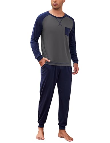 Aseniza Pyjama Herren Lang Schlafanzug Lang Baumwolle Set Winter Herren-Schlafanzüge Langarm mit Kontrastierenden Raglanärmeln Schlafanzughose für Männer Dunkelgrau/Dunkelblau XL von Aseniza