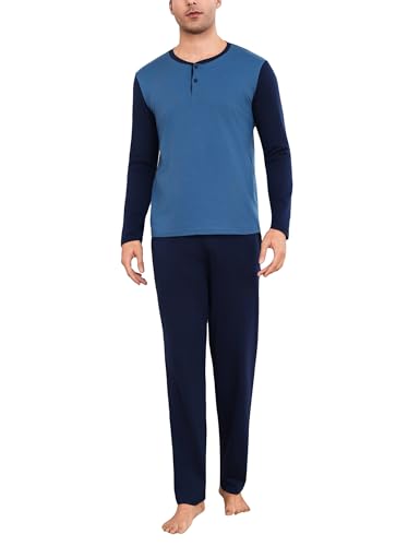 Aseniza Pyjama Herren Lang Schlafanzug Set Baumwolle Langarm Winter Herren-Schlafanzug Schlafanzughose für Manner Komfort Wärme Nachtwäsche Geschenk Blau L von Aseniza
